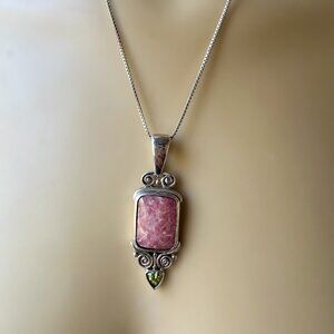 VTG Pendant Necklace 23"‎ Pink Rhodochrosite Green Peridot 925 Sterling 14.7g